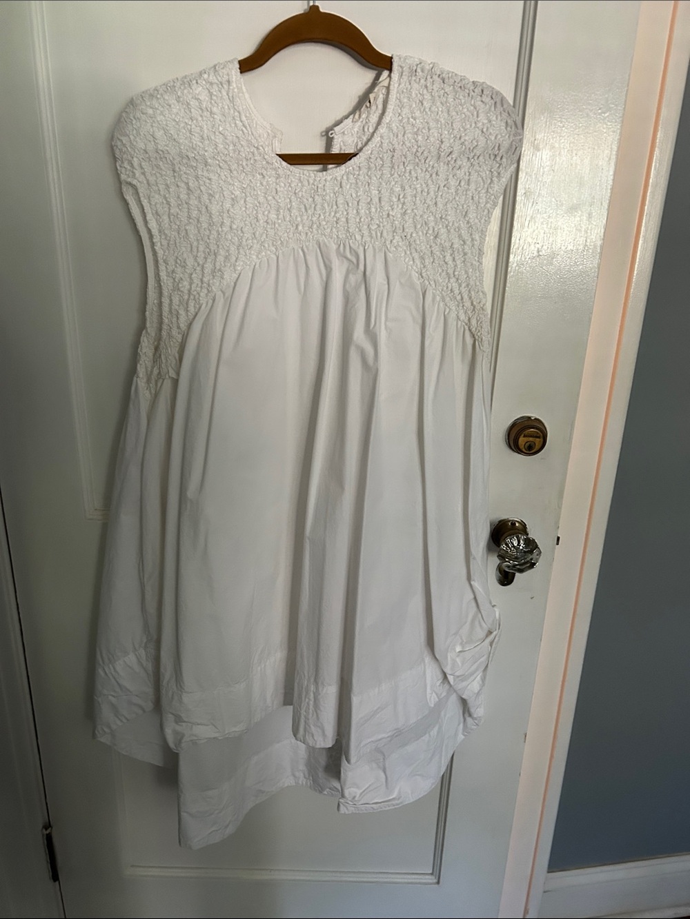 Smocked White Mini Dress with Gathered Skirt